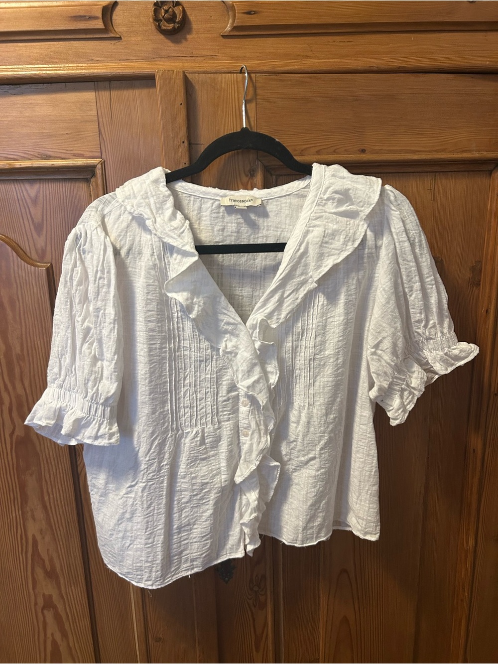 Francesca's White Ruffle-Trim Pintuck Button Blouse